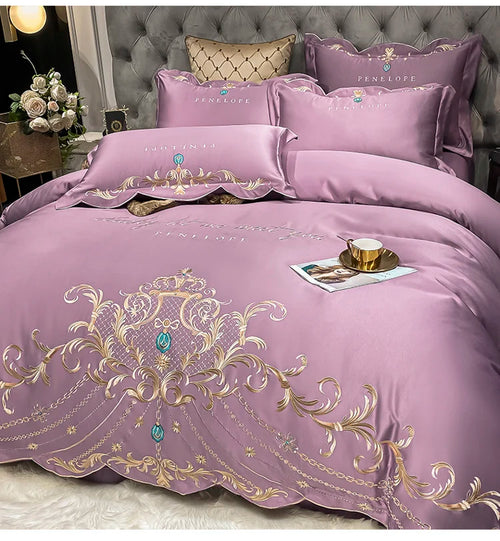 4pcs Gray Sateen Gold Embroidery Luxury Satin Cotton Bedding Set Double Queen King Comforter Cover Bed Sheet Pillowcases 48x74cm
